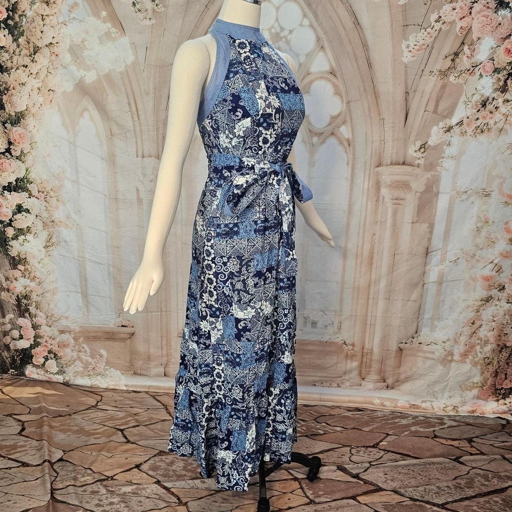 Blue White Patchwork Bohemian Floral Maxi Dress 1970s Vintage Halter Summer Gown